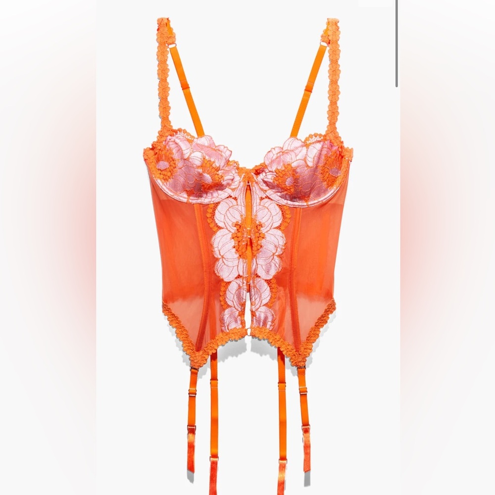 Savage X Fenty Orange Perfect Poppies Lace Bustier/Corset with Garter